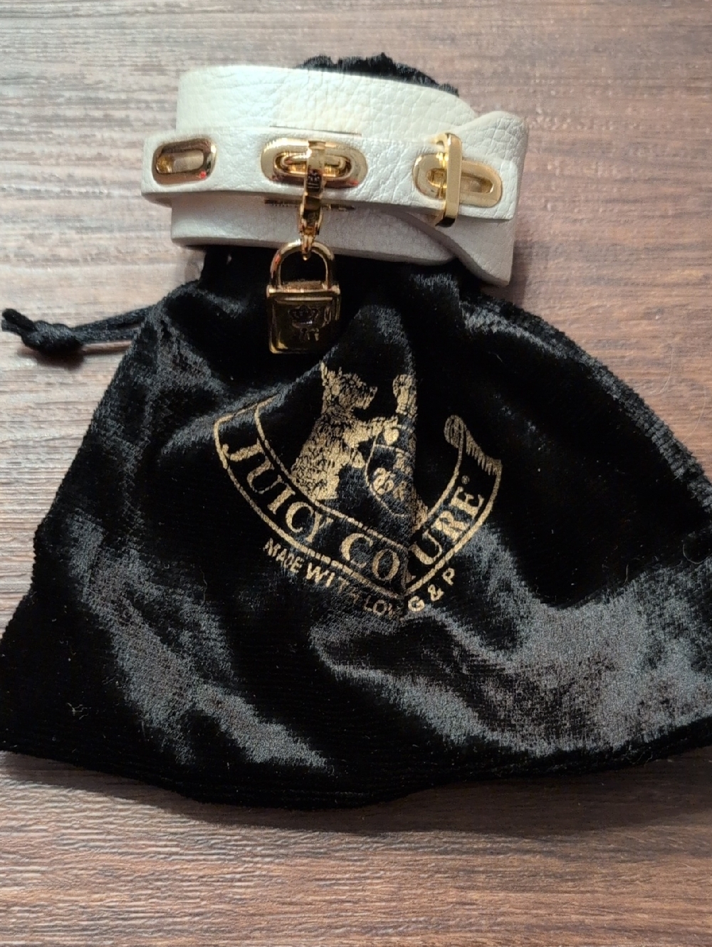 Juicy Couture White Leather Wrap Bracelet with Gold Padlock Charm